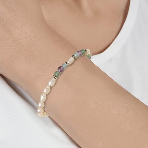 White Cultured Freshwater Pearl Stretch Bracelet with Green Aventurine, Amethyst, Blue Quartz and Sterling Silver Accents, 7"