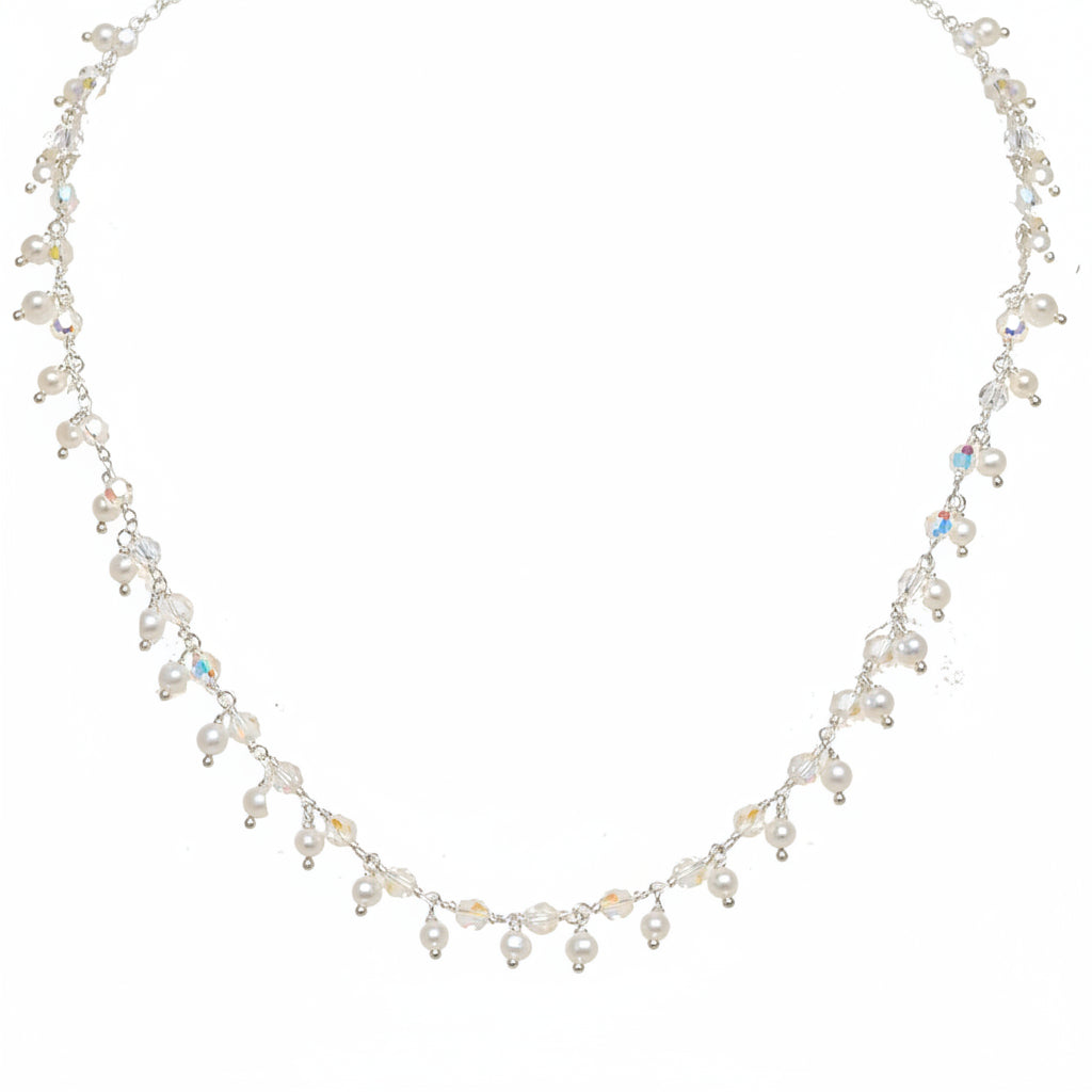 Austrian Aurora Borealis Crystal Linked Sterling Silver Necklace White Freshwater (3.5-4mm) Pearl Fringes, 16"+3" extender