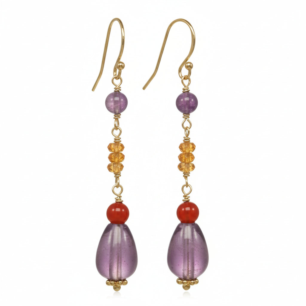 Boho Style Drop Earrings made with Carnelian, Citrine Beads and Amethyst Teardrops