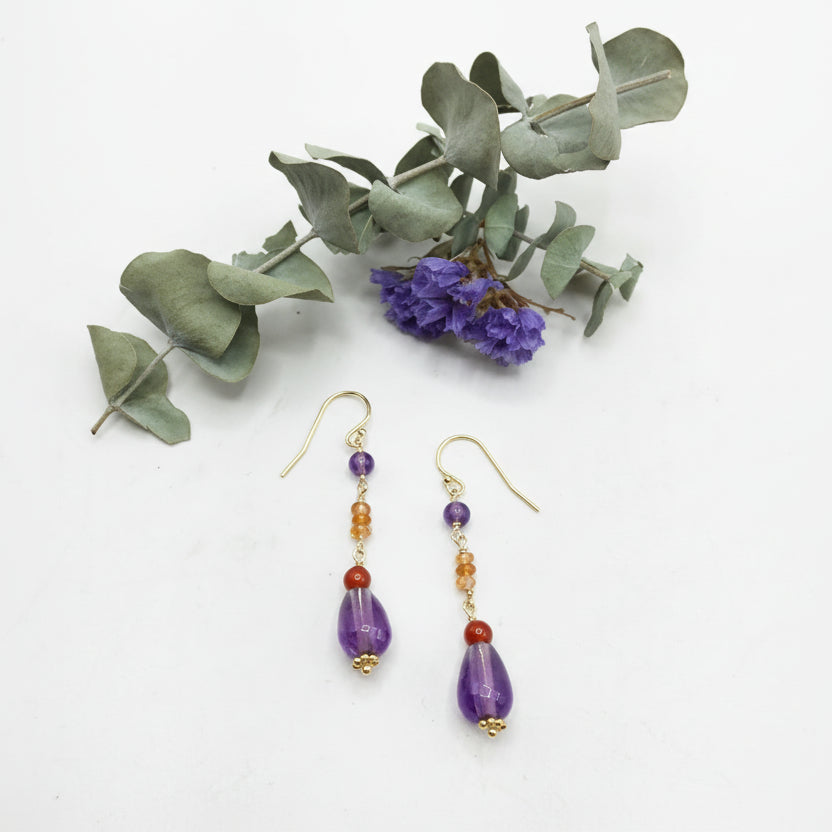 Boho Style Drop Earrings made with Carnelian, Citrine Beads and Amethyst Teardrops