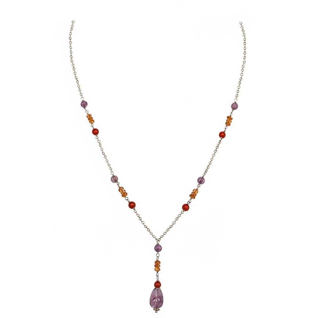 14k Gold-filled Cable Chain "Y" Necklace made with Carnelian and Amethyst Teardrop, 18"