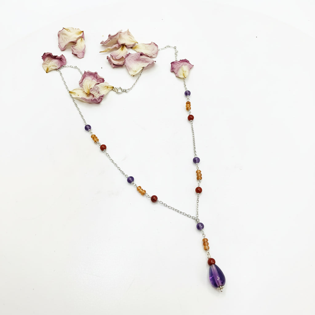 14k Gold-filled Cable Chain "Y" Necklace made with Carnelian and Amethyst Teardrop, 18"