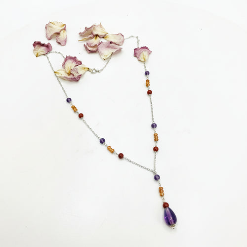 14k Gold-filled Cable Chain "Y" Necklace made with Carnelian and Amethyst Teardrop, 18"