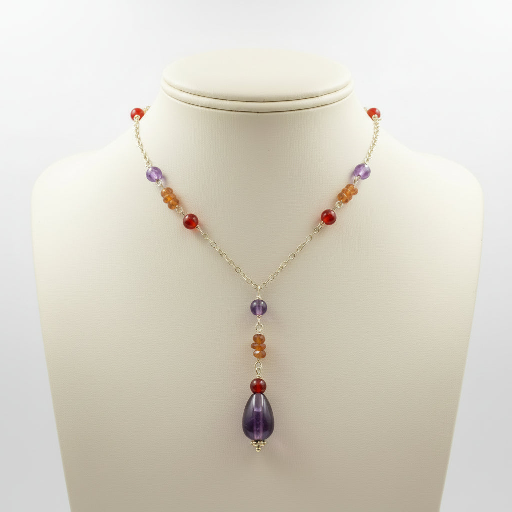 14k Gold-filled Cable Chain "Y" Necklace made with Carnelian and Amethyst Teardrop, 18"