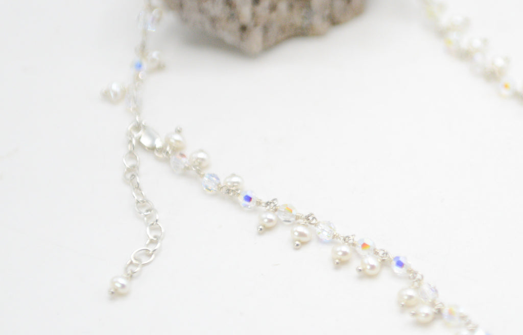 Austrian Aurora Borealis Crystal Linked Sterling Silver Necklace White Freshwater (3.5-4mm) Pearl Fringes, 16"+3" extender