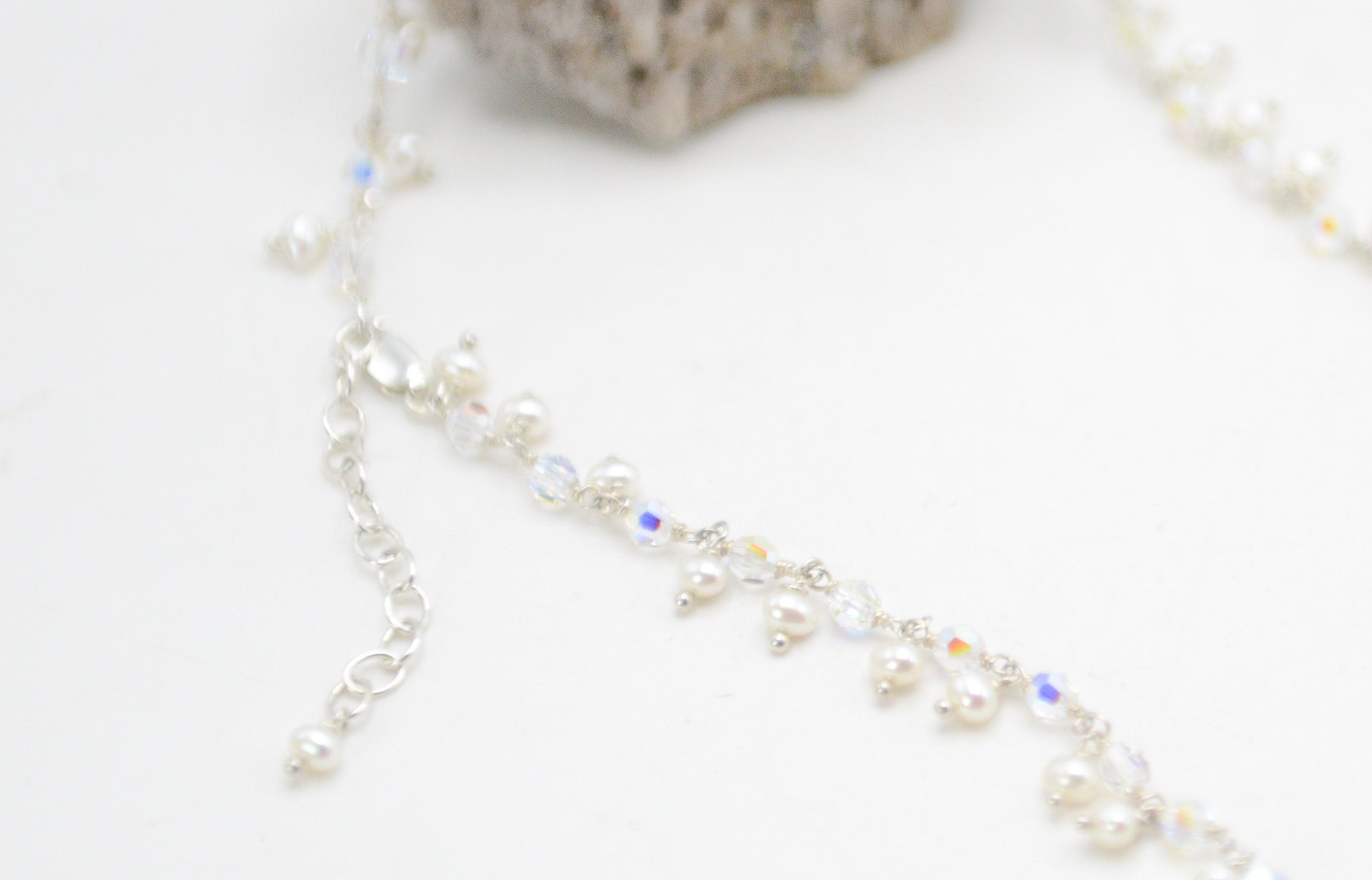 Austrian Aurora Borealis Crystal Linked Sterling Silver Necklace White Freshwater (3.5-4mm) Pearl Fringes, 16"+3" extender