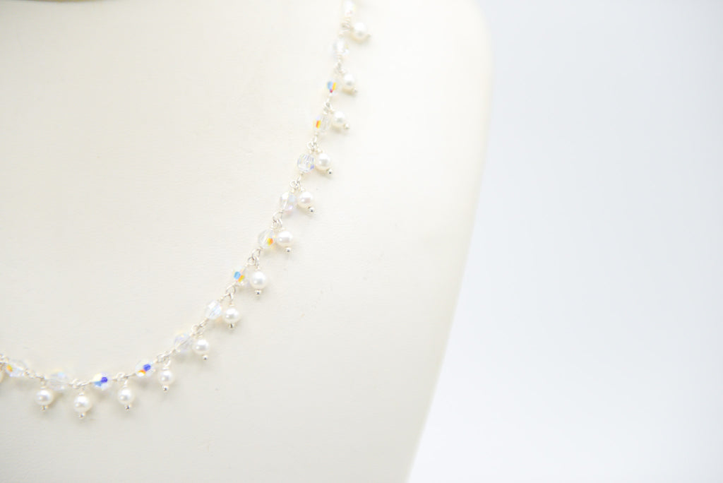 Austrian Aurora Borealis Crystal Linked Sterling Silver Necklace White Freshwater (3.5-4mm) Pearl Fringes, 16"+3" extender