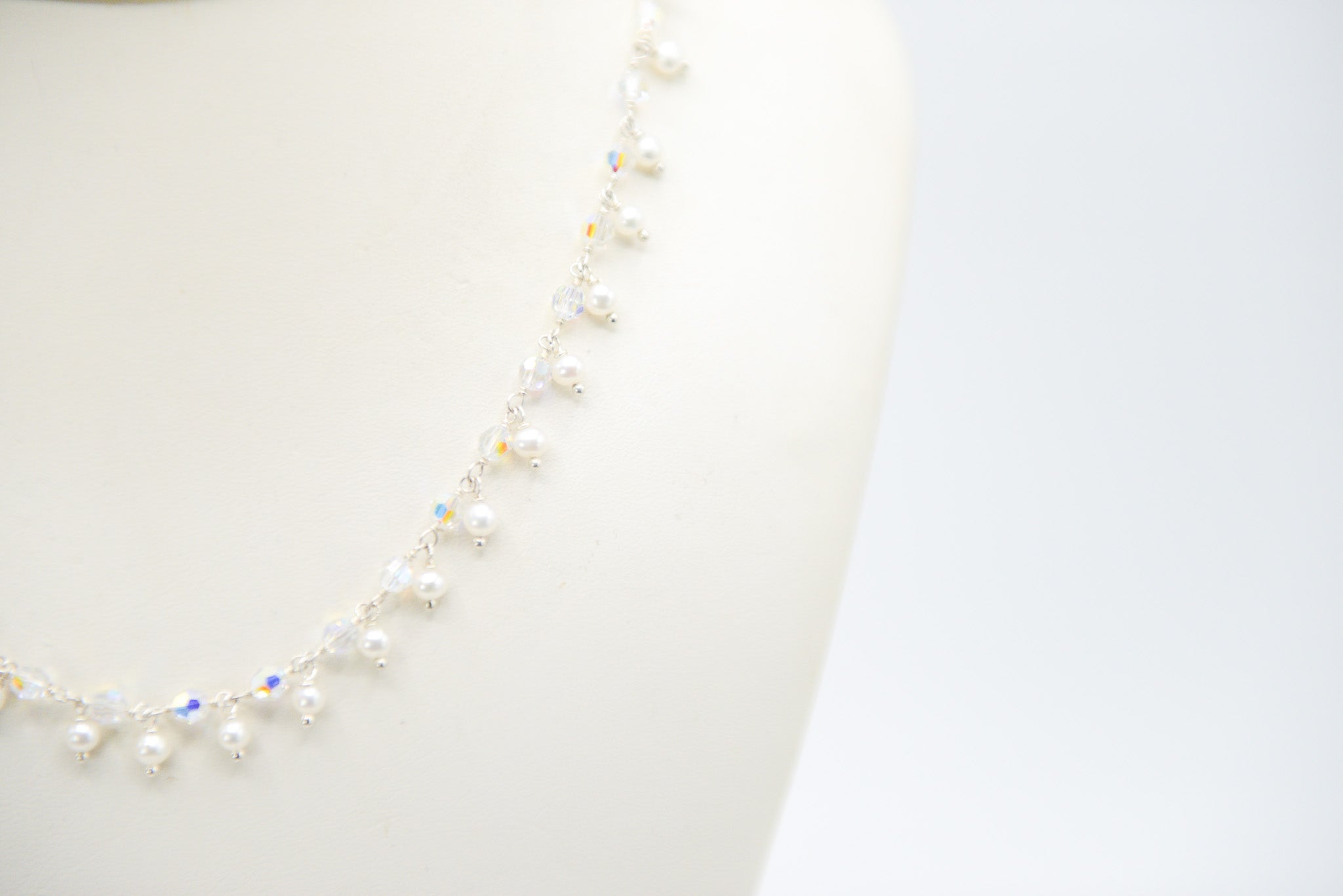 Austrian Aurora Borealis Crystal Linked Sterling Silver Necklace White Freshwater (3.5-4mm) Pearl Fringes, 16"+3" extender