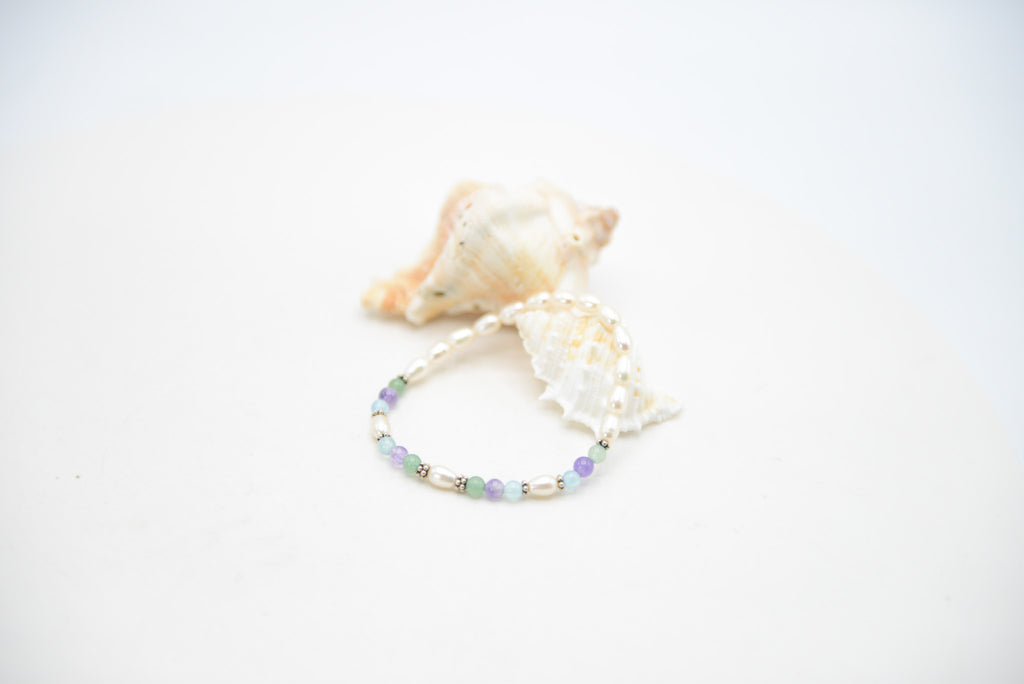 White Cultured Freshwater Pearl Stretch Bracelet with Green Aventurine, Amethyst, Blue Quartz and Sterling Silver Accents, 7"