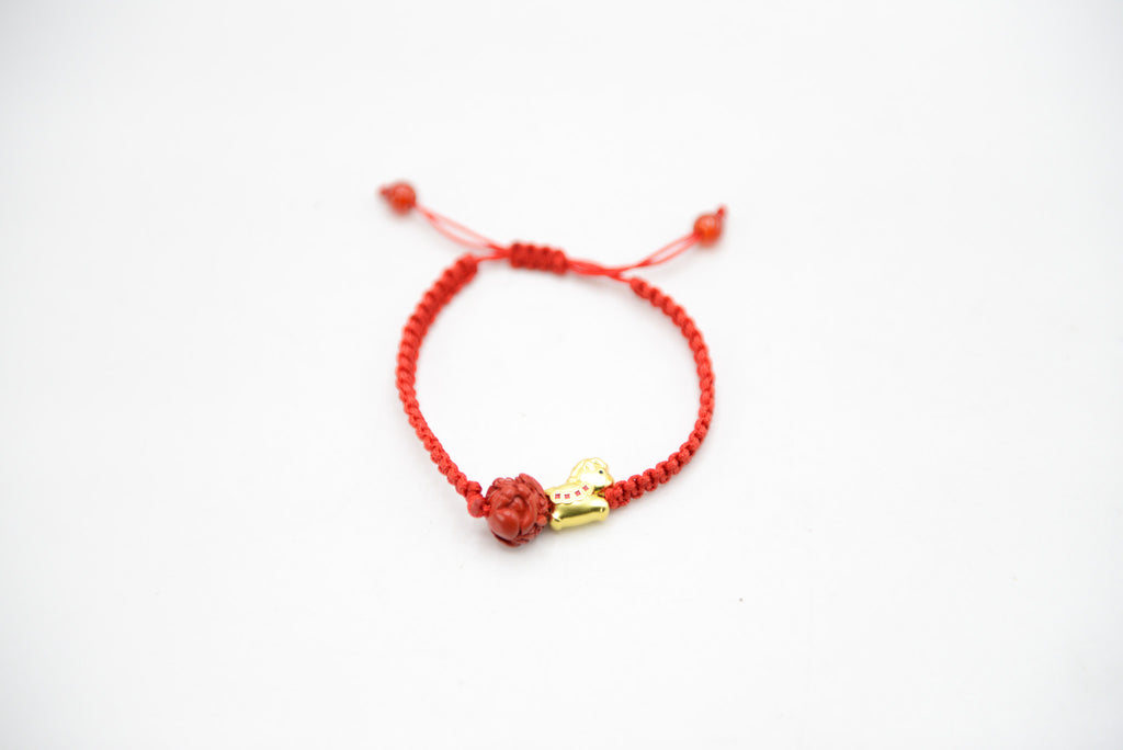Red Cord with Carved Cinnabar & Horse Charm Adjustable Bracelet