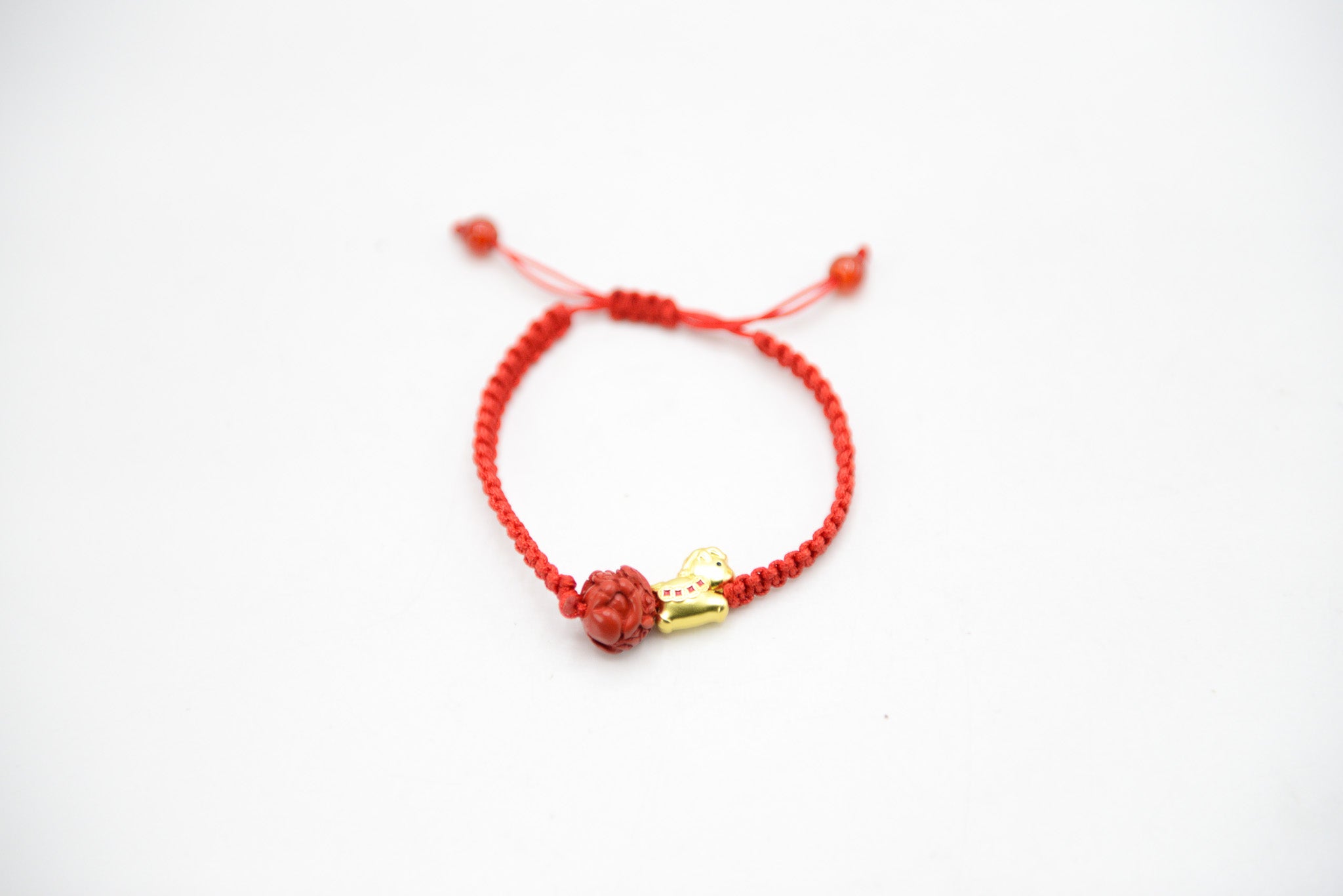 Red Cord with Carved Cinnabar & Horse Charm Adjustable Bracelet