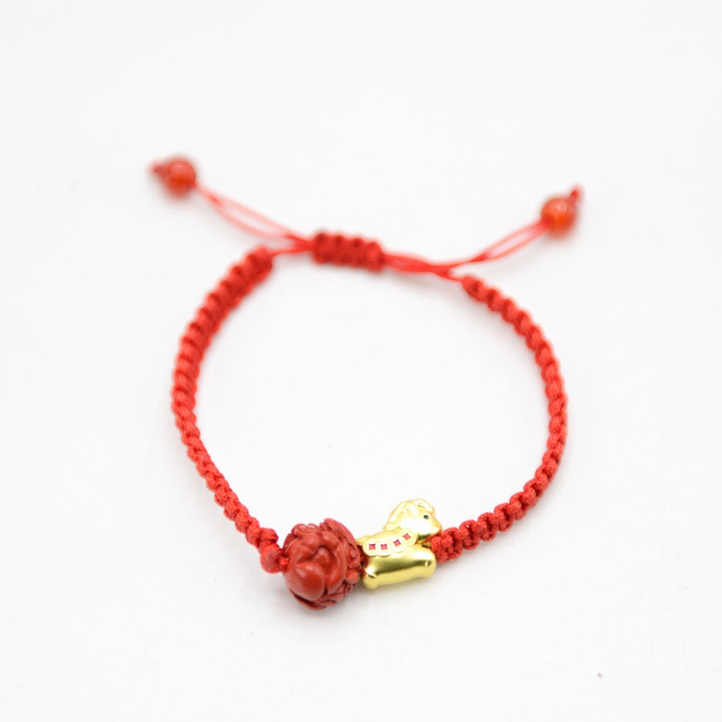 Red Cord with Carved Cinnabar & Horse Charm Adjustable Bracelet