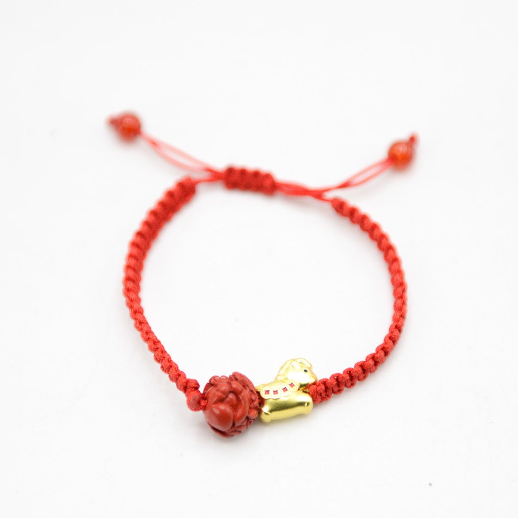 Red Cord with Carved Cinnabar & Horse Charm Adjustable Bracelet