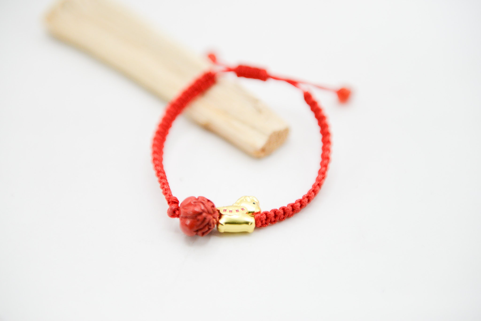 Red Cord with Carved Cinnabar & Horse Charm Adjustable Bracelet
