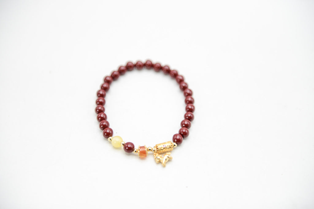 Cinnabar with Agate Accent Beads 6mm Round Stretch Bracelet with Horse Charm