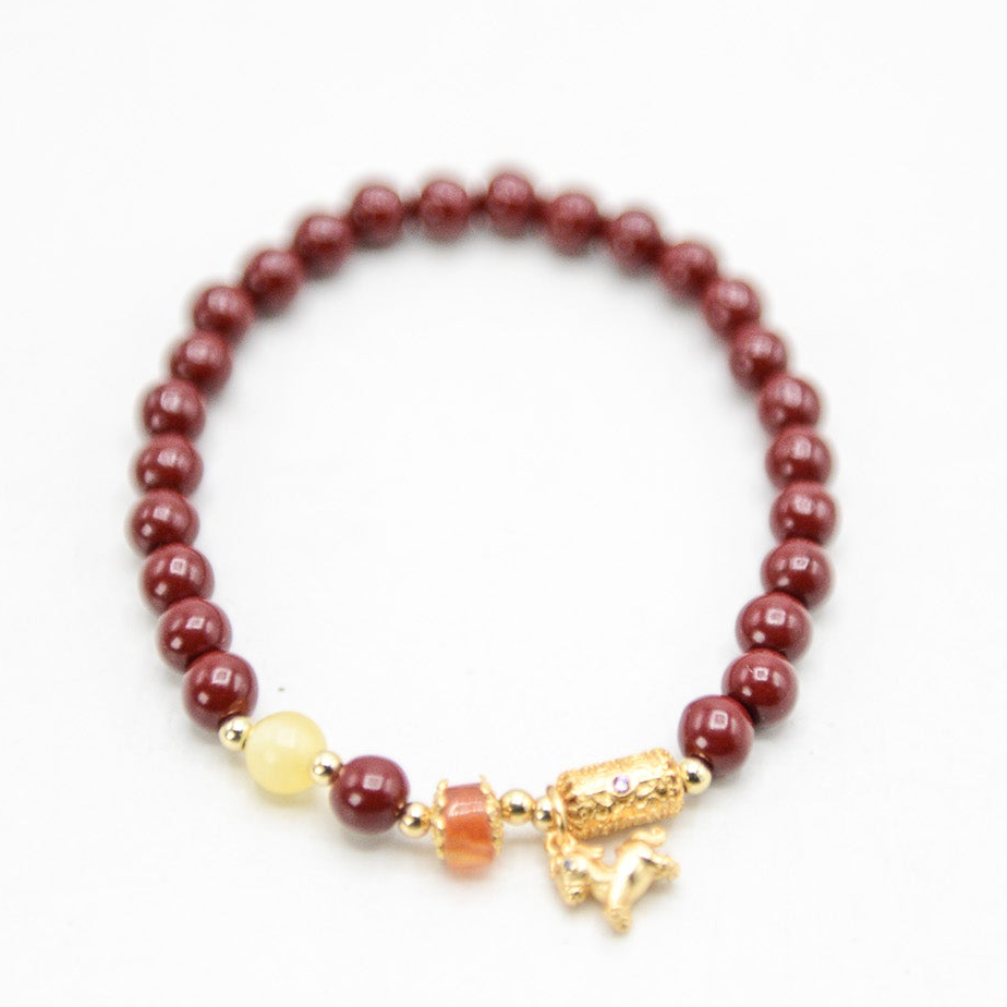 Cinnabar with Agate Accent Beads 6mm Round Stretch Bracelet with Horse Charm