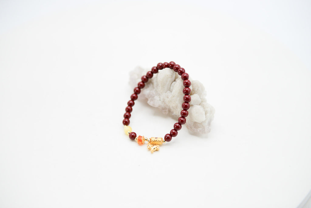 Cinnabar with Agate Accent Beads 6mm Round Stretch Bracelet with Horse Charm