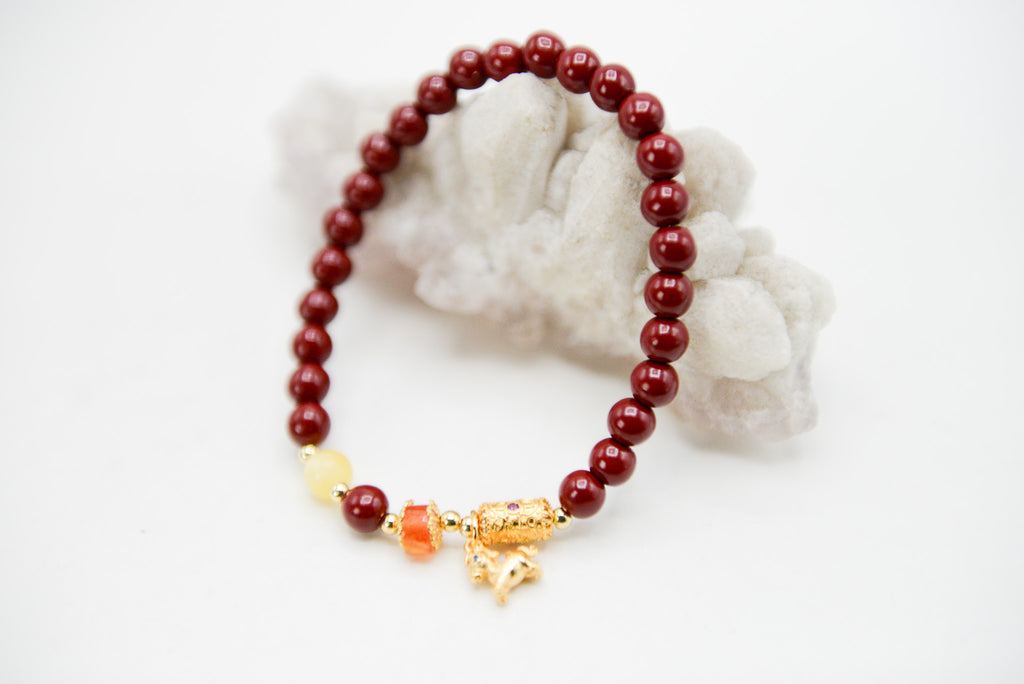Cinnabar with Agate Accent Beads 6mm Round Stretch Bracelet with Horse Charm