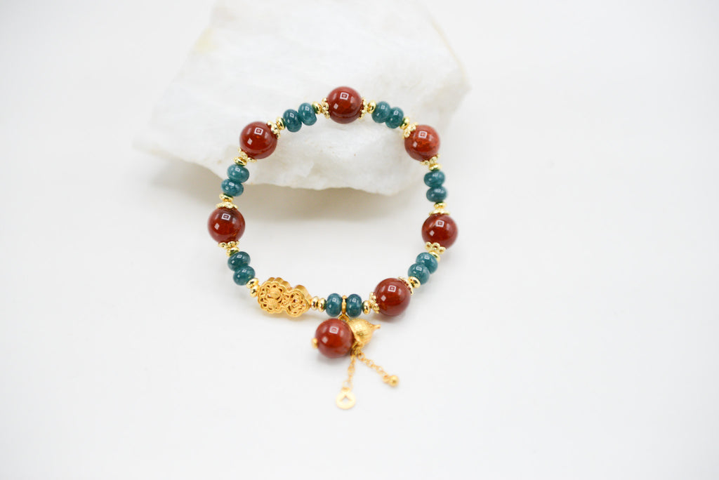 Jade and Red Agate with Gold Plated Chinese Carved Accent Bracelet