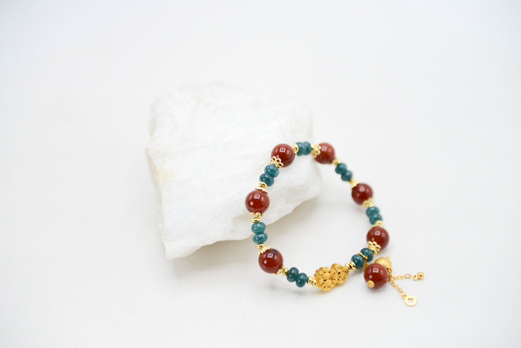 Jade and Red Agate with Gold Plated Chinese Carved Accent Bracelet
