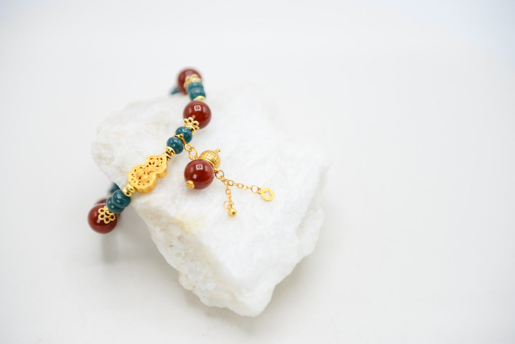 Jade and Red Agate with Gold Plated Chinese Carved Accent Bracelet