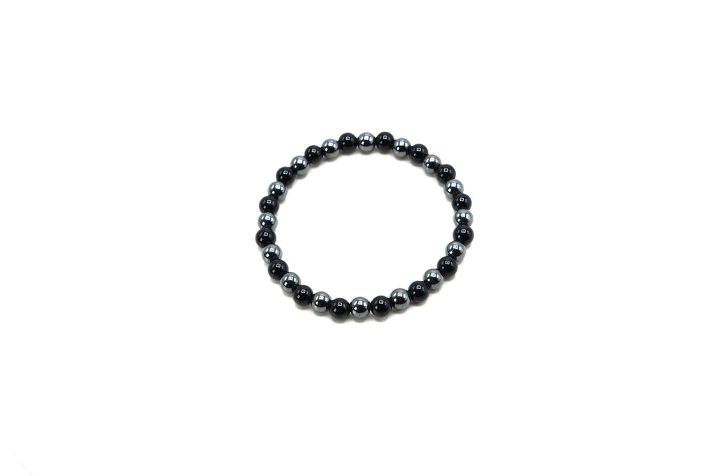 Hematite with Black Onyx 6mm Round Stretch Bracelet 7"