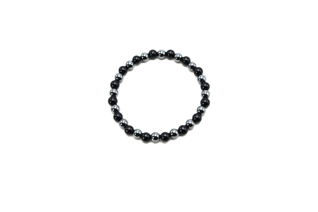 Hematite with Black Onyx 6mm Round Stretch Bracelet 7"