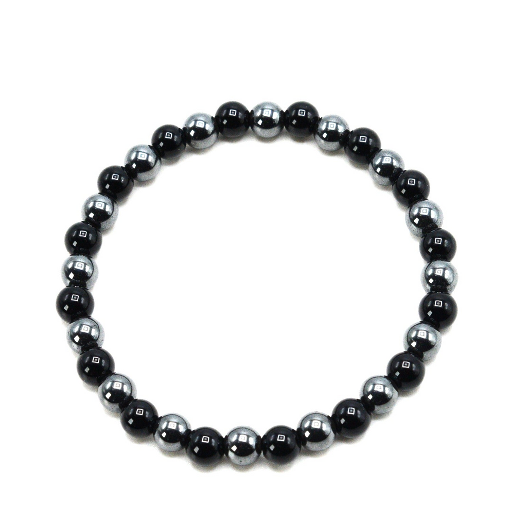 Hematite with Black Onyx 6mm Round Stretch Bracelet 7"