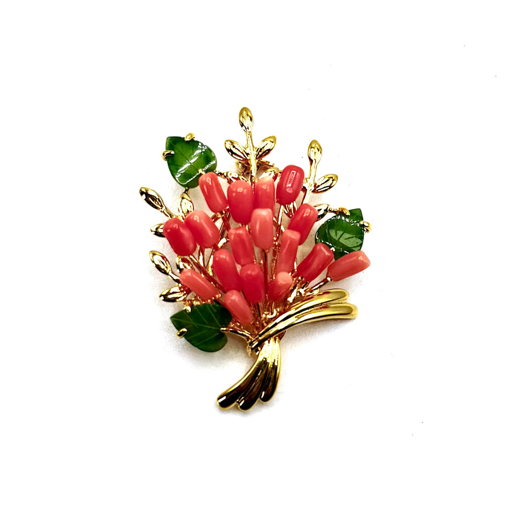 Coral Brooch Bouquet Style in Gold Plated Metal