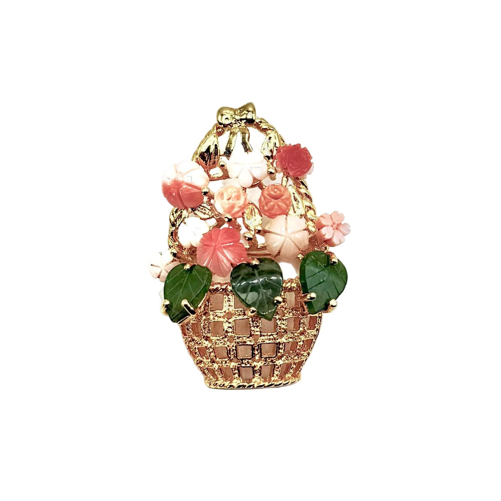 Coral Brooch Basket Style in Gold Plated Metal