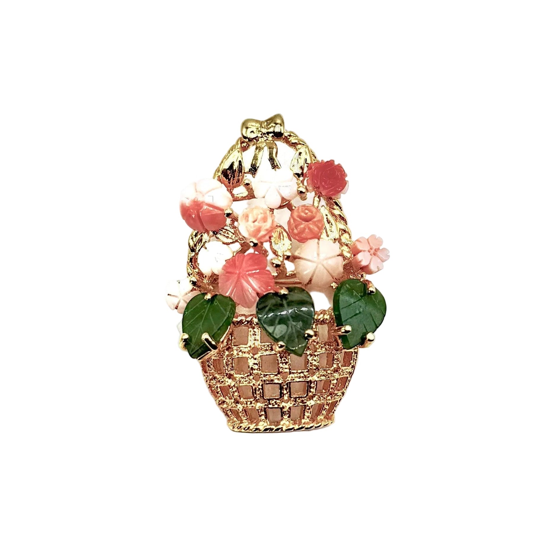 Coral Brooch Basket Style in Gold Plated Metal
