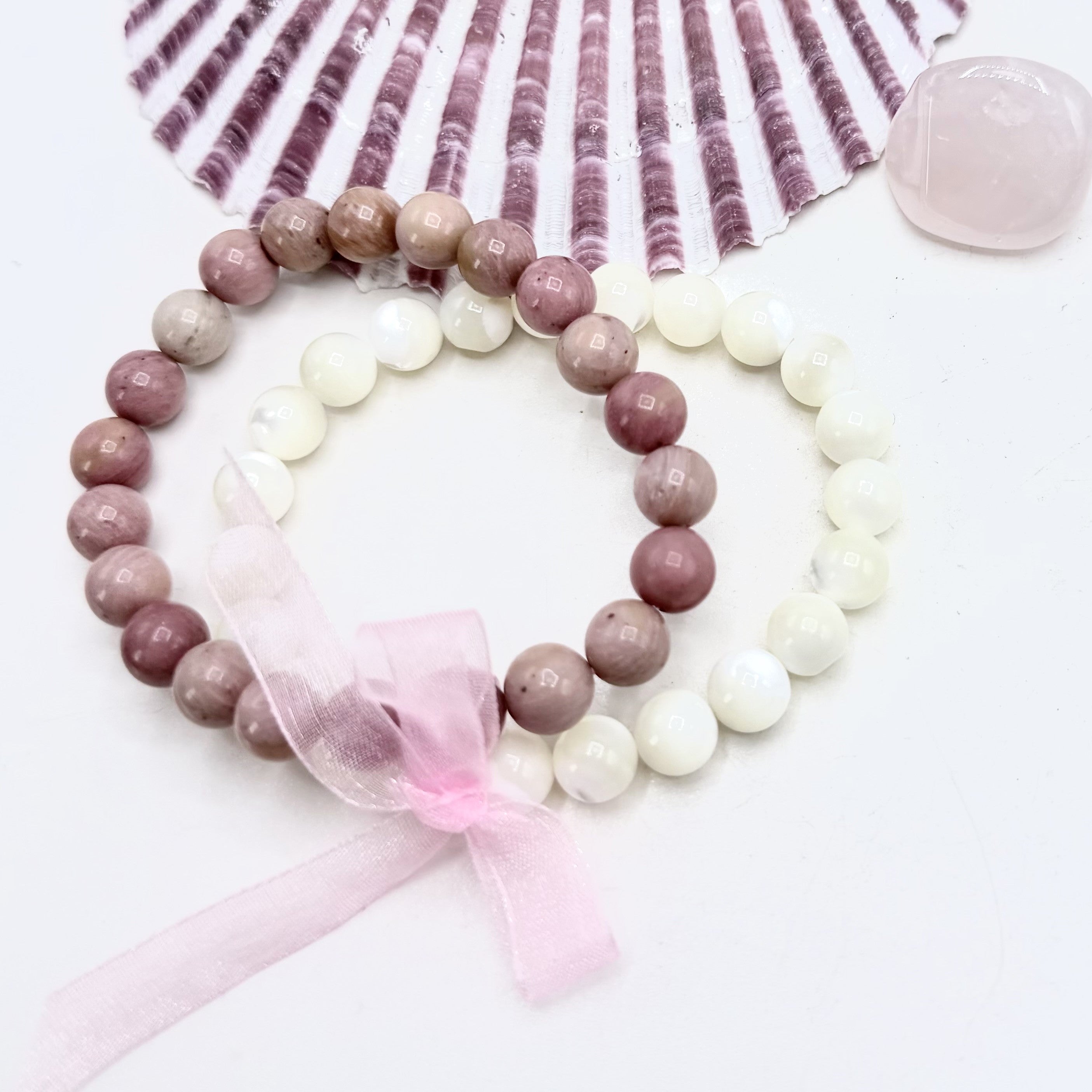 Mother-of-Pearl & Rhodonite 8mm Smooth Stretch Bracelets