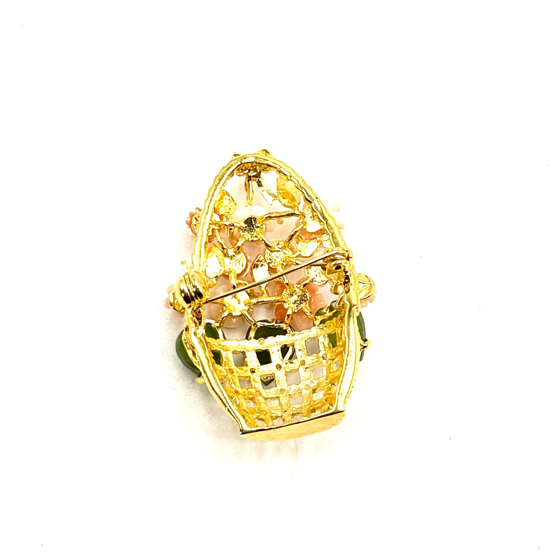 Coral Brooch Basket Style in Gold Plated Metal