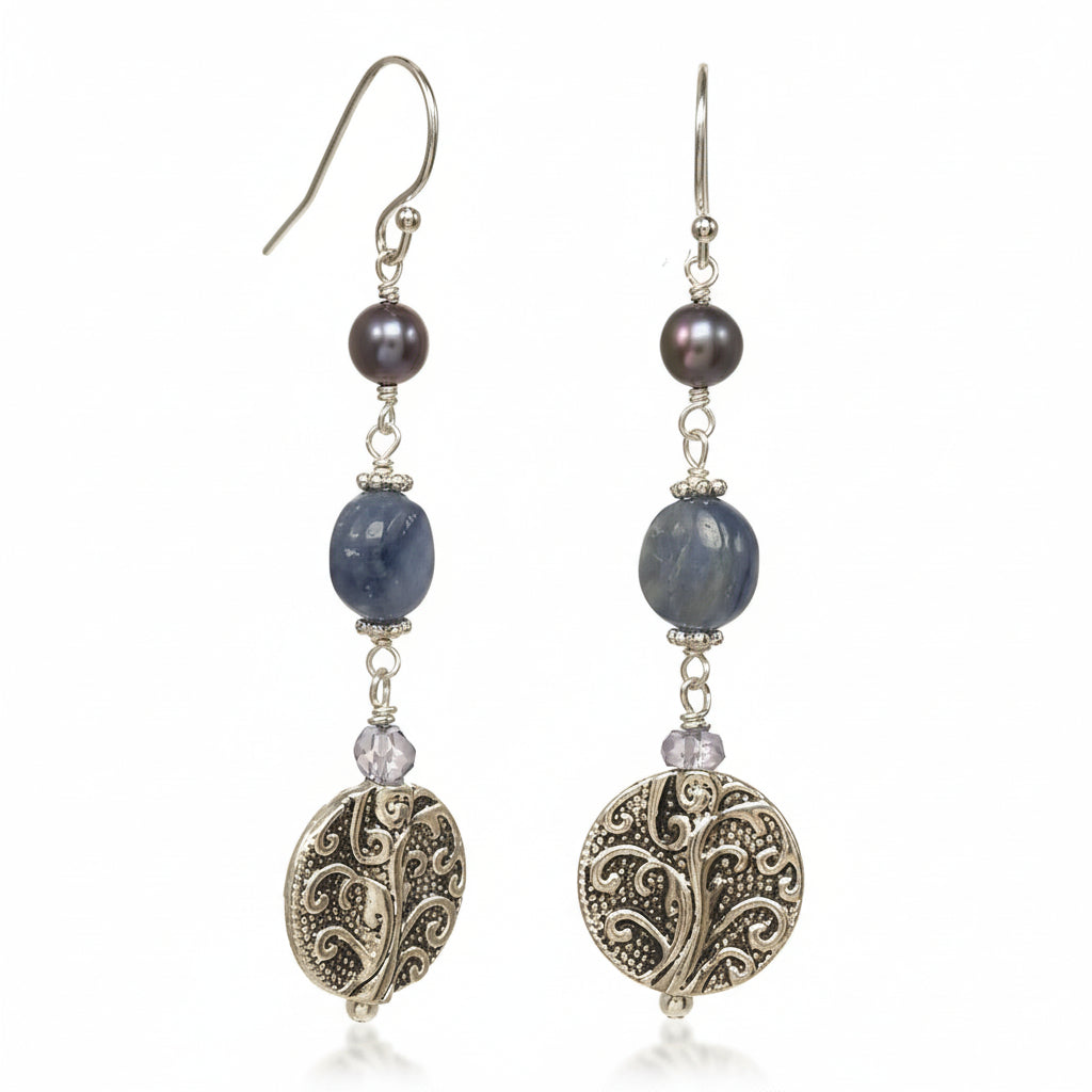 Sterling Silver Fishhook Earrings made with Silver-tone Floral Drops, Kyanite Coins and Peacock (4-4.5mm) Freshwater Pearls