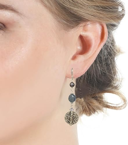Sterling Silver Fishhook Earrings made with Silver-tone Floral Drops, Kyanite Coins and Peacock (4-4.5mm) Freshwater Pearls