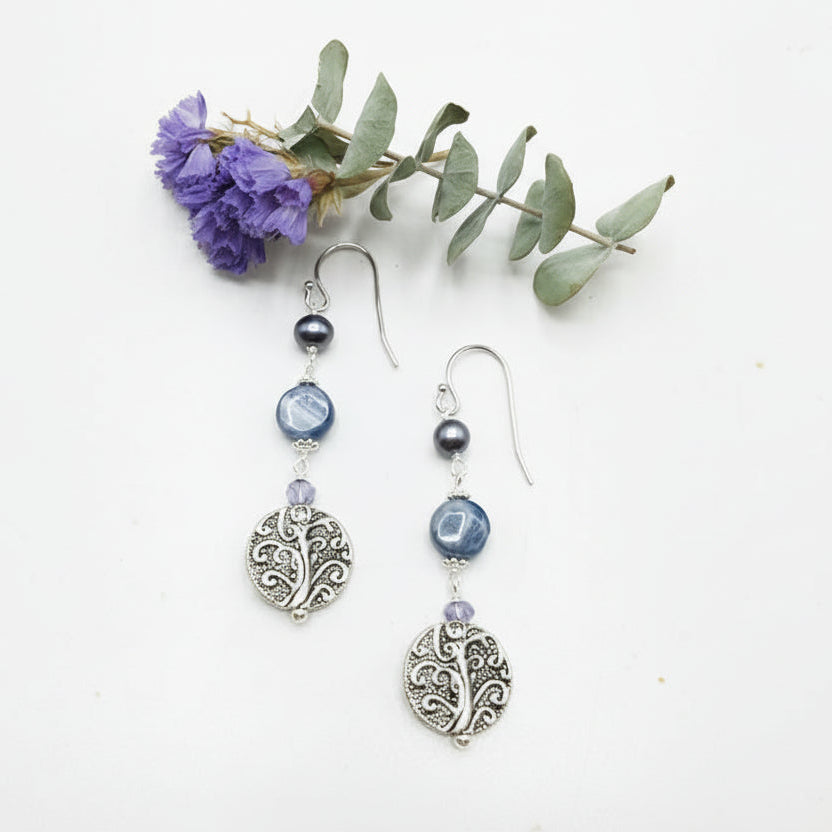 Sterling Silver Fishhook Earrings made with Silver-tone Floral Drops, Kyanite Coins and Peacock (4-4.5mm) Freshwater Pearls