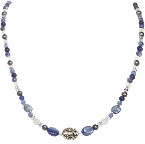 Boho-style Necklace made with Kyanite, (4-4.5mm) Peacock Freshwater Potato Pearls, Aquamarine and a Silver-toned Centerpiece, 18" for Women, Men, Everyday Crystal Jewelry
