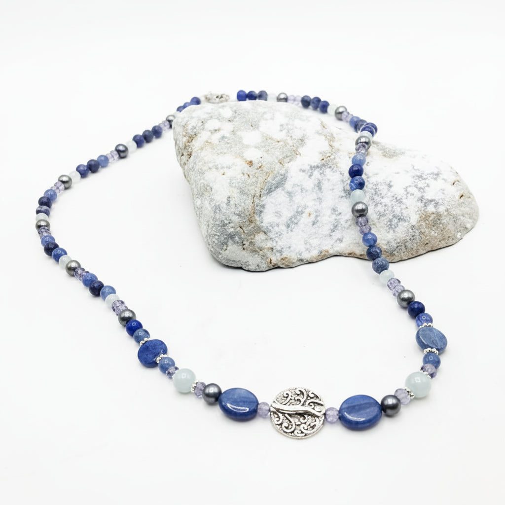 Boho-style Necklace made with Kyanite, (4-4.5mm) Peacock Freshwater Potato Pearls, Aquamarine and a Silver-toned Centerpiece, 18" for Women, Men, Everyday Crystal Jewelry