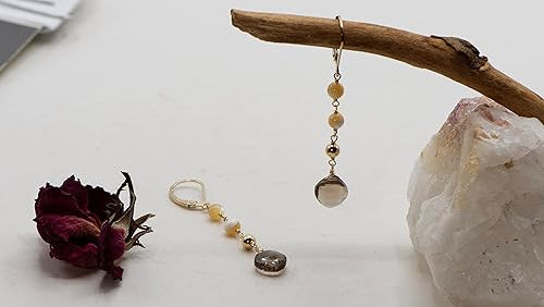 Gold-toned Leverback Earrings with Smoky Quartz Diamond-shaped Drops and Mother of Pearl (Shell) Accents