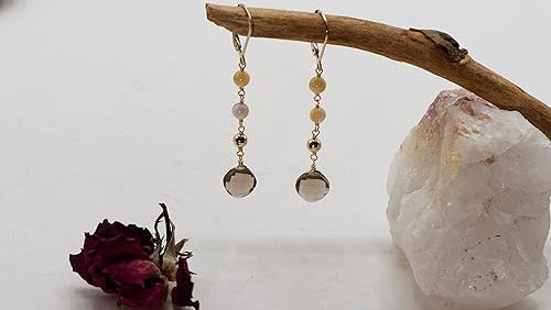 Gold-toned Leverback Earrings with Smoky Quartz Diamond-shaped Drops and Mother of Pearl (Shell) Accents