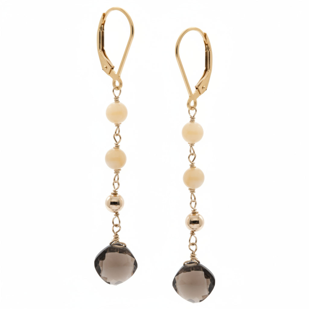 Gold-toned Leverback Earrings with Smoky Quartz Diamond-shaped Drops and Mother of Pearl (Shell) Accents