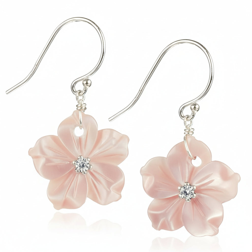 Pink Mother-of-Pearl (Shell) Flower Silver-toned Fishhook Dangle Earrings