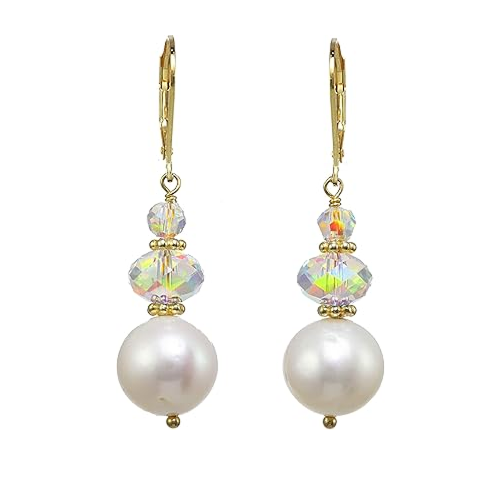 14k Gold-Filled Aurora Borealis and White Cultured Freshwater Potato Pearl Drop Earrings