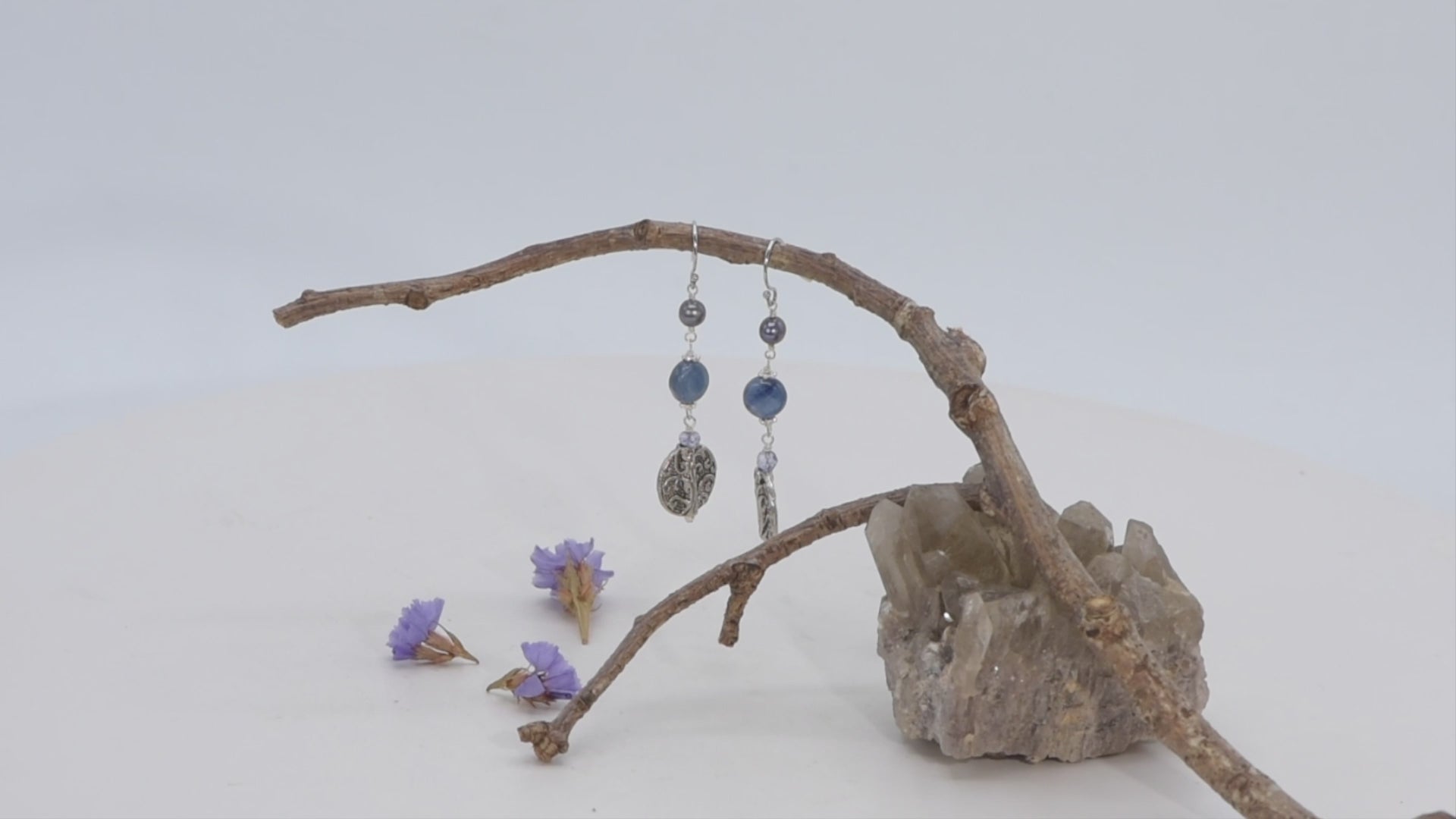 Sterling Silver Fishhook Earrings made with Silver-tone Floral Drops, Kyanite Coins and Peacock (4-4.5mm) Freshwater Pearls