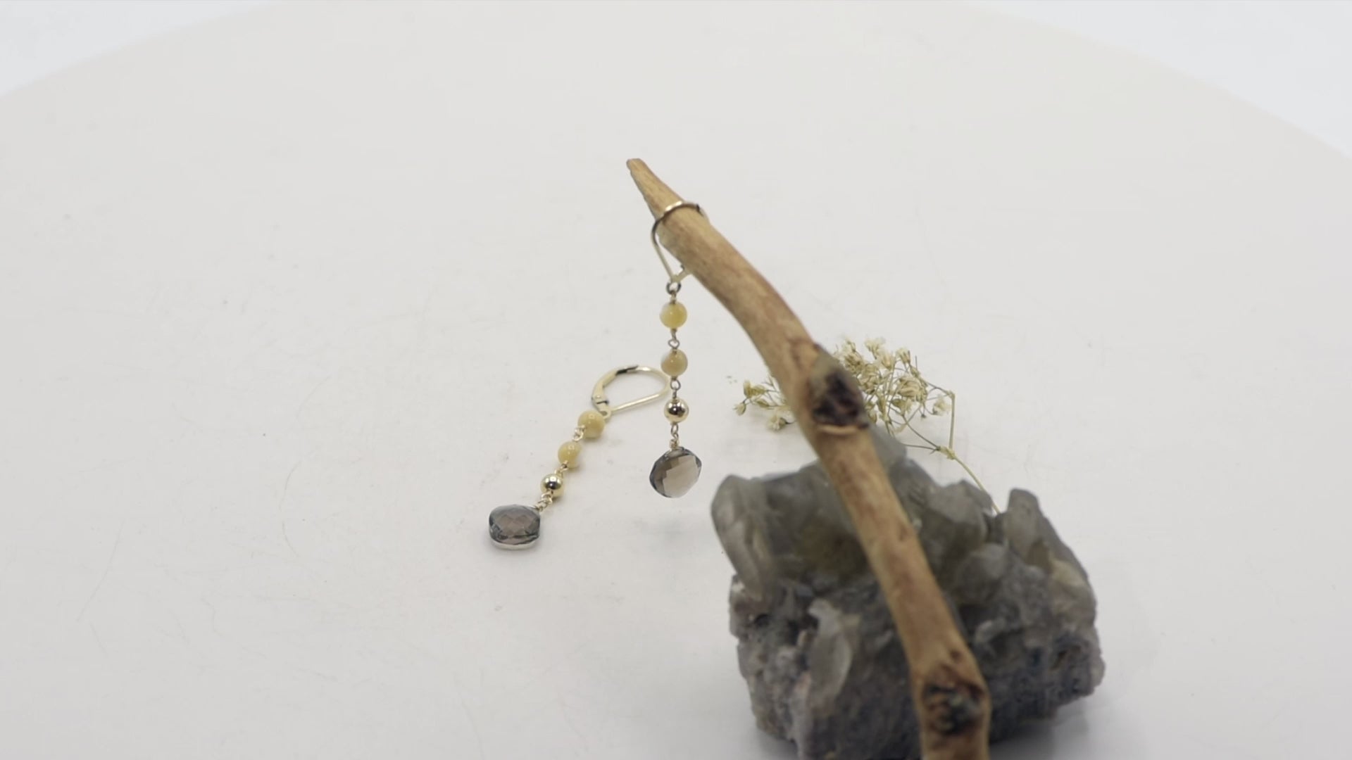 Gold-toned Leverback Earrings with Smoky Quartz Diamond-shaped Drops and Mother of Pearl (Shell) Accents