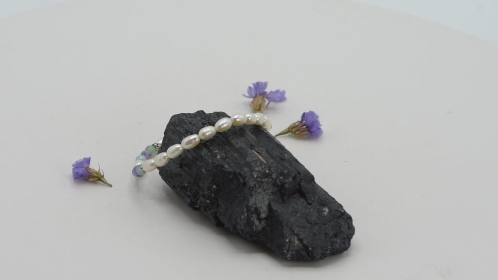 White Cultured Freshwater Pearl Stretch Bracelet with Green Aventurine, Amethyst, Blue Quartz and Sterling Silver Accents, 7"
