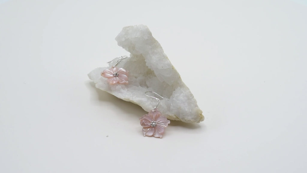 Pink Mother-of-Pearl (Shell) Flower Silver-toned Fishhook Dangle Earrings
