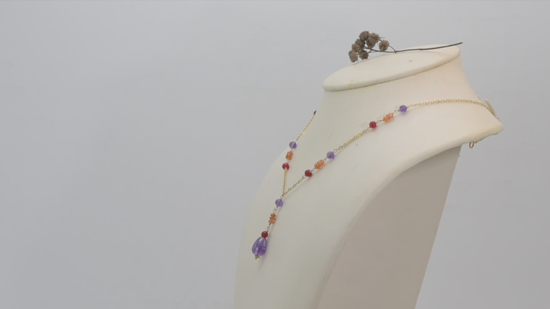 14k Gold-filled Cable Chain "Y" Necklace made with Carnelian and Amethyst Teardrop, 18"