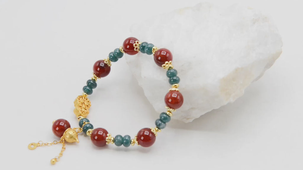 Jade and Red Agate with Gold Plated Chinese Carved Accent Bracelet