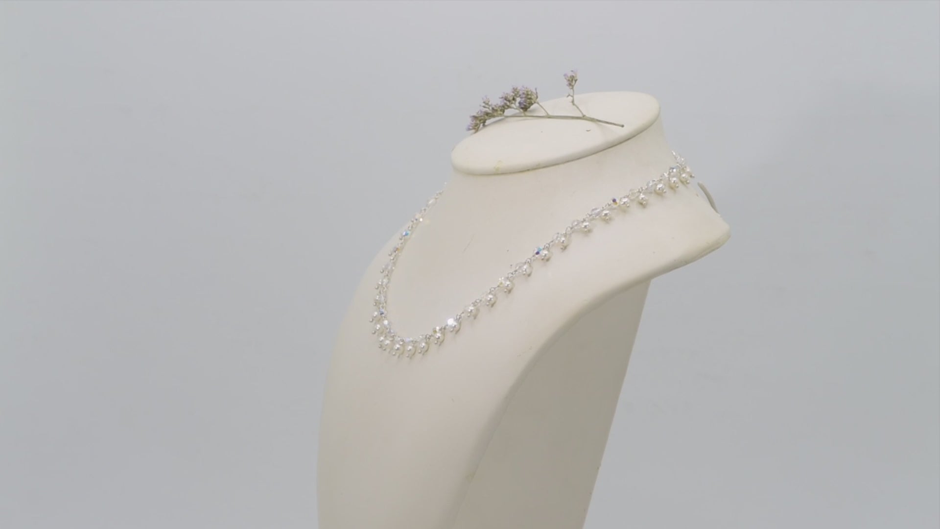 Austrian Aurora Borealis Crystal Linked Sterling Silver Necklace White Freshwater (3.5-4mm) Pearl Fringes, 16"+3" extender